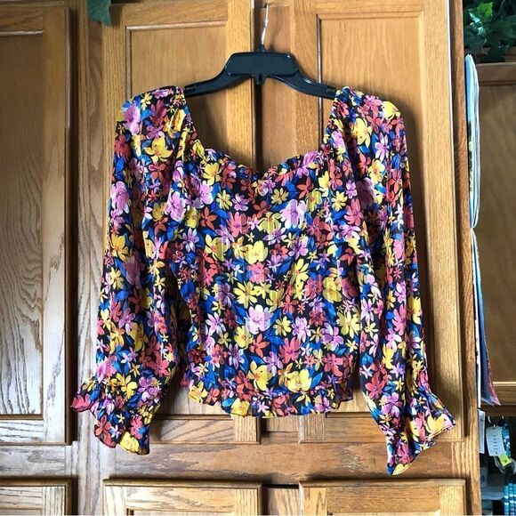 Anthropologie SKIES ARE BLUE Floral Balloon Sleeve Crop Top Metallic Stitch - XS - Picture 7 of 12